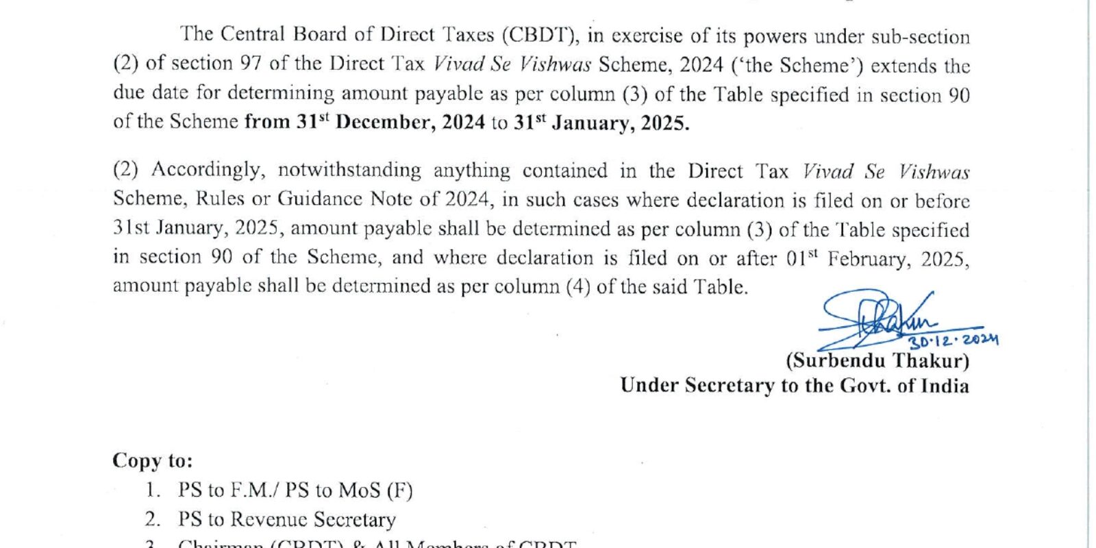 Extension of due date fo Vivad Se Vishwas Scheme 2024
